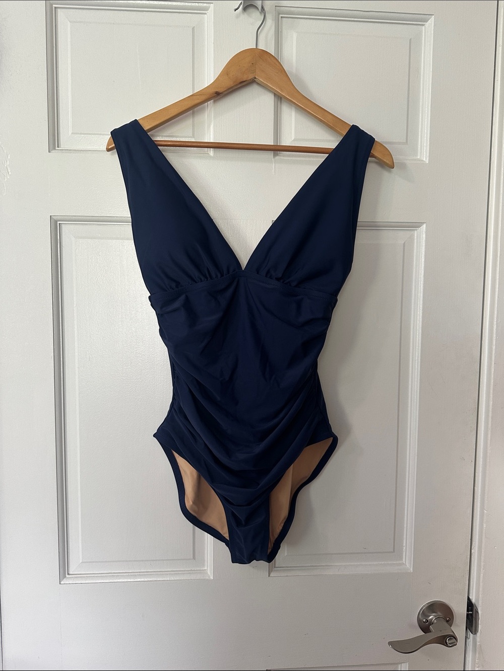 J. Crew Navy Ruched V-Neck One-Piece Swimsuit